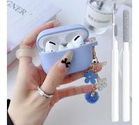 Cute Case for Airpods Pro 2nd/1st Generation Cover for Girl Women with Pom pom Flower Keychain & Cleaner Kit, Soft Silicone Protective Skin for Airpods Pro 2/1 Gen 2019/2023/2022, Sky Blue