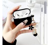 Cute Case for Airpods Pro 3 Cover for Girl Women with Pom pom Flower Keychain & Cleaner Kit, Soft Silicone Protective Skin for Airpods Pro 3rd Generation 2025, Black