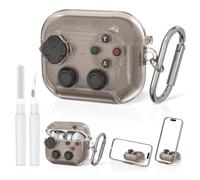Cute Case for AirPods Pro 3 with Secure Lock & Phone Stand, Clear Grey | Pressable Button Game Console Design Hard Case Shockproof Protective Cover for AirPods Pro 3rd Generation for Men Women
