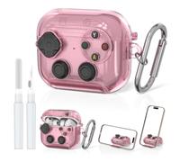 Cute Case for AirPods Pro 3 with Secure Lock & Phone Stand, Clear Pink | Pressable Button Game Console Design Hard Case Shockproof Protective Cover for AirPods Pro 3rd Generation for Men Women