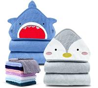 Cute Castle 2 Pack Hooded Baby Towel Rayon Made from Bamboo with 8 Washcloths - Soft Bath Towel for Bathtub for Babie, Newborn, Infant, Natural Baby Stuff Towel (Shark and Penguin)