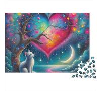 Cute Cat 1,000 Piece Jigsaw Puzzle for Adults Cat Gazing at Heart-shaped Cosmic Sky Premium Thick Sturdy Challenging Stress Relief Family Game 52x38cm/1000pcs