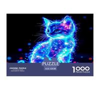 Cute Cat 1000 Pc Adult Jigsaws - Neon Cat Cosmic Blue Glow Impossible Hard Difficult Challenging Game for Wall Decoration And Gifts52x38cm/1000pcs