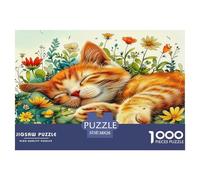 Cute Cat 1000 Pc Adult Jigsaws - Orange Tabby Flower Field Sleeping Impossible Hard Difficult Challenging Game for Wall Decoration And Gifts38x26cm/1000pcs