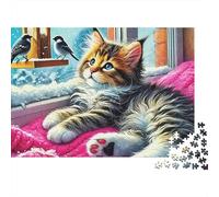 Cute Cat 1000 Piece Difficult Puzzle for Adults Maine Coon Cat Watching Birds by Winter Window Premium Thick Sturdy Vibrant Challenging Stress Relief 52x38cm/1000pcs