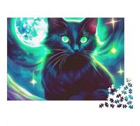 Cute Cat 1000 Piece Home Decor Puzzle for Adults Black Cat with Glowing Eyes Under Aurora Premium Thick Sturdy Vibrant Challenging Stress Relief 38x26cm/1000pcs