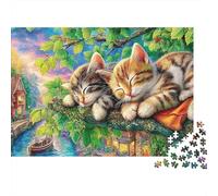 Cute Cat 1000 Piece Jigsaw for Adults Sleeping Kittens Tree Canal Town Premium Thick Sturdy Vibrant Challenging Hard Stress Relief 38x26cm/1000pcs
