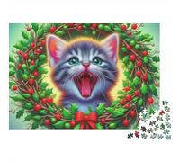Cute Cat 1000 Piece Jigsaw Puzzle for Adults Kitten in Christmas Wreath with Red Bow Premium Thick Sturdy Vibrant Challenging Hard Stress Relief Gift 52x38cm/1000pcs