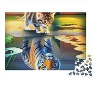 Cute Cat 1000-Piece Jigsaw Puzzle for Adults Kitten with Tiger Reflection in Water Premium Thick Sturdy Vibrant Challenging Family Game 38x26cm/1000pcs