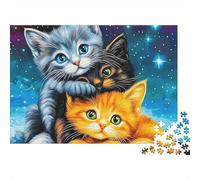 Cute Cat 1000 Piece Jigsaw Puzzle for Adults Three Cute Kittens Cuddling Under Stars Premium Thick Sturdy Vibrant Challenging Hard Stress Relief Gift 38x26cm/1000pcs