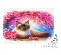Cute Cat 1000 Piece Jigsaw Puzzle Recycled Paper for Siamese Cat Amid Blooming Pink Cherry Blossoms Adults Fun Present & Activity for Home Great Gift Idea 52x38cm/1000pcs