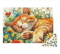 Cute Cat 1000 Piece Mental Stimulation Puzzle for Adults Orange Kittens Napping in Flower Garden Premium Thick Sturdy Challenging Stress Relief 52x38cm/1000pcs