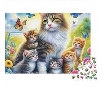Cute Cat 1000 Piece Puzzle for Adults Mother Cat with Kittens in Flower Garden Challenging Hard Difficult Premium Thick Sturdy Vibrant Stress Relief Family Decor 70x50cm/1000pcs