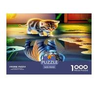 Cute Cat 1000 Piece Recycled Paper Puzzle Game - Kitten Tiger Reflection Puddle The Whole Family Activity for Home Wall Decoration70x50cm/1000pcs