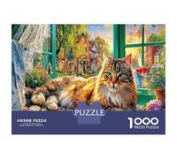 Cute Cat 1000 Piece Window Garden Premium Cardstock Jigsaw Puzzle Set Adult Jigsaws Educational Game Challenge Fun Present Value Pack Wall Decor 70x50cm/1000pcs