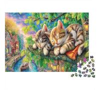 Cute Cat 1000 Pieces Classic Jigsaw Puzzle for Adults All Ages Sleeping Kittens Branch Premium Cardboard Home Decor Wall Art Gift for Women At-home Relaxation Jigsaw 38x26cm/1000pcs