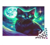Cute Cat 1000 Pieces Jigsaw Puzzles for Adults & Children, Recycled Cardboard, Non-Reflective, Black Cat Under Moon And Stars, Stress Relief Fun, Great Gift Idea for Home Decor 70x50cm/1000pcs