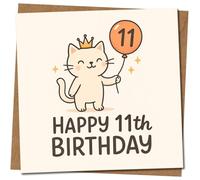Cute Cat 11th Birthday Card - Balloon and Crown Illustration - 145mm x 145mm Square -, Includes Kraft Envelope