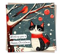 Cute Cat and Bird Merry Christmas Card - Wishing You A Happy Christmas - Cat And Bird In Snow Scene - Card For Family, Friends