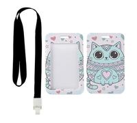 Cute Cat and Hearts ID Card Holder with Black Lanyard, Plastic Card Holder, Vertical Name Badges Protector for Women, Vertical Cards Protector for Staff, Nurse Accessories Nurse Essentials