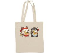 Cute Cat and Penguin Eating Noodles Natural Cotton Tote Bag White