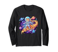 Cute Cat Astronaut Surfing Pizza Space Long Sleeve T-Shirt