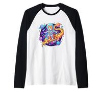 Cute Cat Astronaut Surfing Pizza Space Raglan Baseball Tee