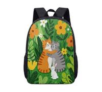 Cute Cat Backpack for Kids, 17 Inch Cartoon Kitten Hugging Bunny Floral School Bag, Hand-drawn Spring Garden Print Bookbag (04)