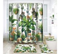 Cute Cat Bathroom Set-Floral Animal 4PCS Shower Curtain Sets Accessories with Non-Slip Rug, Toilet Lid Cover, Bath Mat-72x72in-Hanging Potted Plants Cats Curtains-Home Decor Women Gifts
