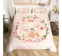Cute Cat Bed Set for Girls Kawaii Animal Duvet Cover, Little Kitten Bedding Set Single Polka Dots Comforter Cover, Pink Cherry Blossoms Bed Cover Super Cozy Breathable with Zipper Closure