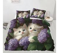 Cute Cat Bedding King Size, Purple Flowers Duvet King Size Floral Animals Comforter Cover with 2 Pillow Sham, Bedroom Decor and Zipper Closure