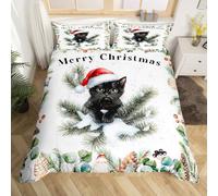 Cute Cat Bedding Set Super King Size,Rustic Xmas Pine Pinecone Duvet Cover 3pcs for Kids Boys Room Decor,Red Santa Hat Comforter Cover,Watercolor Winter Quilt Cover,Not Comforter