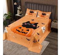 Cute Cat Bedspread Double Size,Ghost Pumpkin Quilt Sets 3Pcs for Kids Teens Adults Room Decor,Halloween Bat Bedding Sets Kawaii Halloween Bedding Duvet,2 Pillowcases