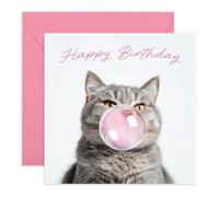 Cute Cat Birthday Card - 'Bubblegum Cat' Fabulous Presents for Fur Mum, Her, Ladies, Cat Lovers, Pet Owners, Sister, Bestie, BFF, Sis, Auntie, Friends - Sassy and Fab - Comes with Fun Stickers