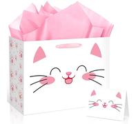 Cute Cat Birthday Gift Bag Pink White Cat Gift Wrapping Bag with Tissue Paper Greeting Card Funny Kitty Paw Favors Decorations for Girls Boys Feline Pet Adoption Pet Lovers Baby Shower Party Supplies
