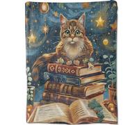 Cute Cat Books Throw Blanket, Fantasy Starry Night Kitten Vintage Book Blankets for Bedroom Living Room Couch Decor, Fuzzy Cozy Soft Lightweight Throws, Gifts for Kids Boys Girls, 60x80 in