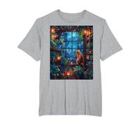 Cute Cat Bookshelf Kawaii Cat Cactus Plants Crescent Moon T-Shirt, Men's Big and Tall, Heather Grey, 5X Tall