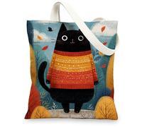 Cute Cat Canvas Tote Bag, Adorable Animal Design Reusable Grocery Bags, Fanciful Playful Lightweight Washable Shoulder Strap Tote for Gym Outdoor Travel Beach Picnic 13x15 Inch