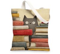Cute Cat Canvas Tote Bags, Adorable Feline Art Pattern Reusable Grocery Bags, Fanciful Retro Lightweight Washable Shoulder, Beige, 13x15 Inch
