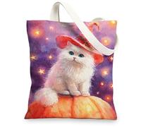 Cute Cat Canvas Tote Bags, Adorable Feline Art Pattern Reusable Shopping Bags, Fanciful Colorful Lightweight Washable Shoulder Strap Canvas Bags for Travel Beach Picnic 13x15 Inch