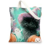 Cute Cat Canvas Tote Bags, Adorable Halloween Ghosts Pattern Reusable Grocery Bags, Lightweight Washable Shoulder Strap Canvas Bags for Shopping Travel Beach 13x15 Inch