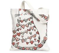 Cute Cat Canvas Tote Bags, Heart Pattern Reusable Grocery Bags, Lightweight Washable Shoulder Strap Canvas for Shopping Tra, White, 13x15 Inch