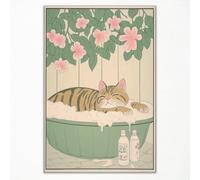 Cute Cat Canvas Wall Art, Funny Japanese Cat In Bathroom Poster, Cat In A Bubble Bathtub Painting, Neutral Japan Asian Aesthetic Print, Cute Animal and Pink Flowers Picture Decor 8x12in Unframed