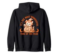 Cute Cat Carving Pumpkin Halloween Moon Witch Hat Vintage Zip Hoodie
