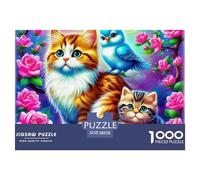 Cute Cat Challenging & Brainteasing Classic Jigsaw Puzzle for Adults 1000 Pc Cats + Roses Recycled Cardboard Decoration Educational Fun Games Homestay Entertainment Area Props Ages 12+ 38x26cm/1000pcs
