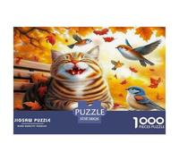 Cute Cat Challenging Puzzles 1000 Pc - Tabby Cat Autumn Leaves Birds for Men And Women Recycled Paper Educational Game Challenge38x26cm/1000pcs