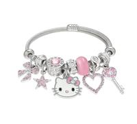 Cute Cat Charm Bracelet for Women, 2.4" Diameter Adjustable Enamel Bangle with Sparkly Cubic Zirconia and Simulated Gemstones, Kawaii Fashion Jewelry Gift for Birthday, Valentine’s Day, Christmas