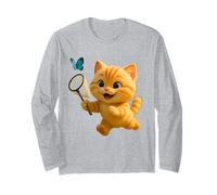 Cute Cat Chasing Butterfly, Adorable Animated Leo The Cat Long Sleeve T-Shirt