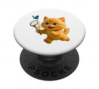 Cute Cat Chasing Butterfly, Adorable Animated Leo the Cat PopSockets Adhesive PopGrip
