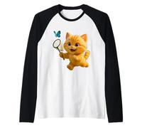 Cute Cat Chasing Butterfly, Adorable Animated Leo The Cat Raglan Baseball Tee